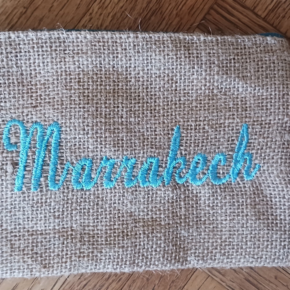 Burlap Marrakech Clutch with Blue Embroidery